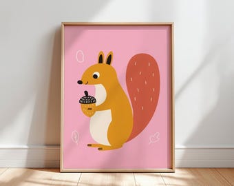 Squirrel with Acorn Poster, Woodland Nursery Art, Scandinavian Kids Decor (Digital Download)