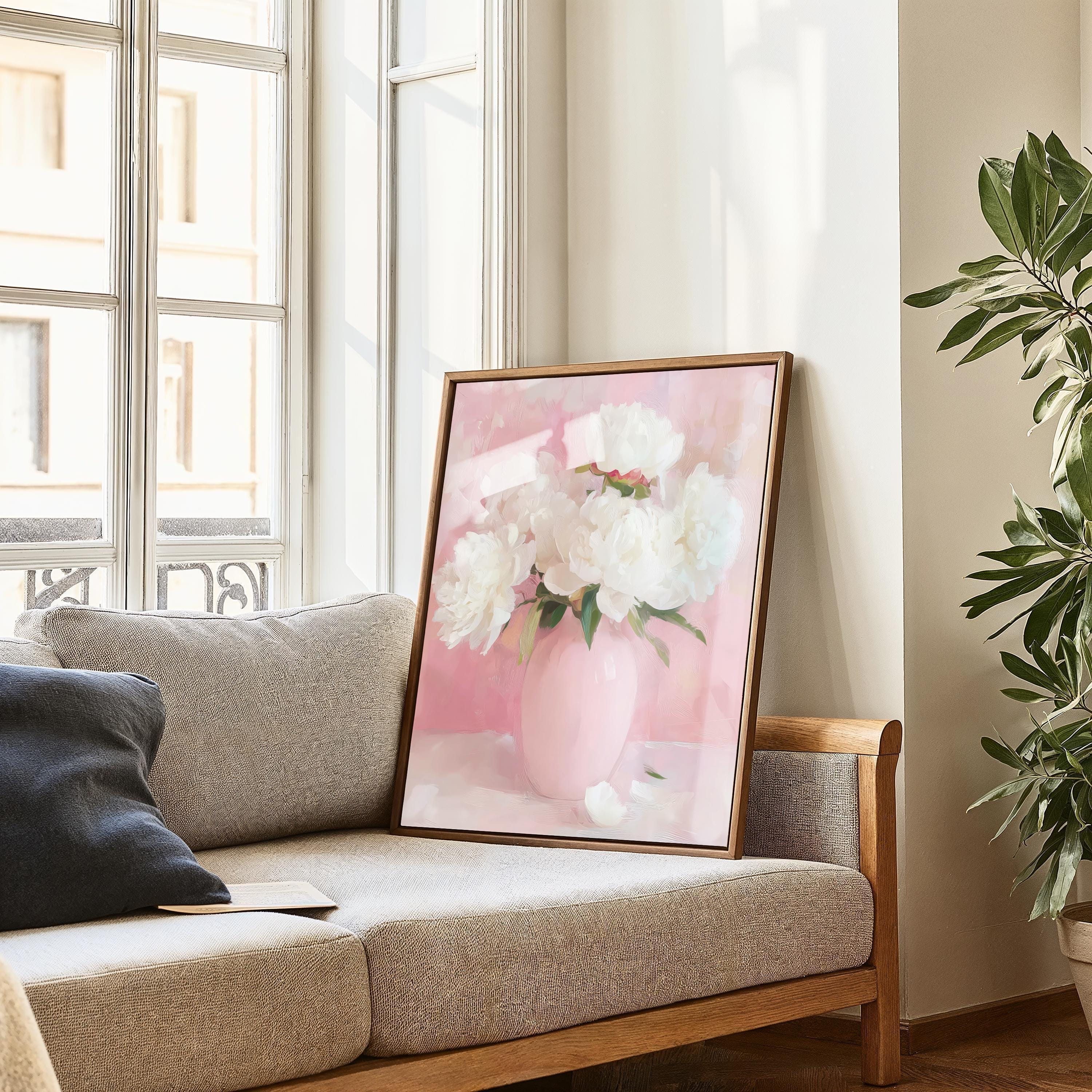 White Peonies Floral Print: Pink Vase Cottagecore Wall Art (digital ...