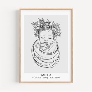 Peut inclure: Une impression encadrée en noir et blanc d'un nouveau-né enveloppé dans une couverture et portant une couronne de fleurs. Le nom du bébé, Amelia, est imprimé en dessous, ainsi que la date de naissance, le poids (2990 g), l'heure et la taille (53 cm).