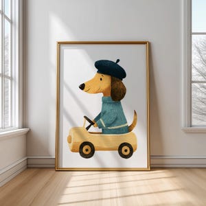 Kunst aan de muur rijdende hond – poster schattige hond in auto, print dierenkamer, kinderkamerhond illustratie, decor Franse hond, digitale download