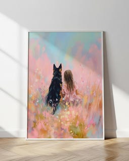 Girl and Dog Art, Pink Wildflower Poster, German Shepherd Print