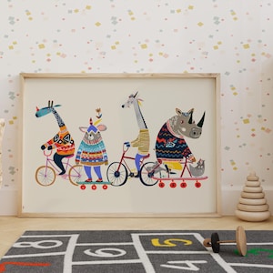 Arte de bicicleta com animais, decoração de parede divertida para quarto infantil. imagem 7