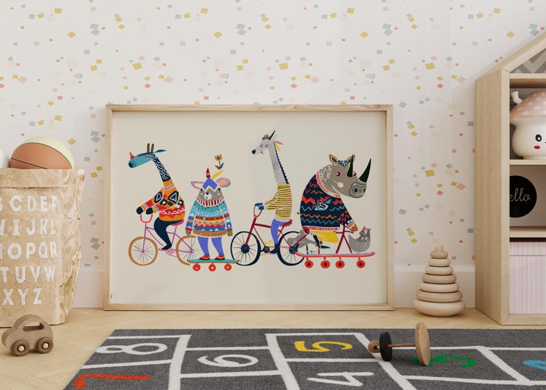 Arte de bicicleta com animais, decoração de parede divertida para quarto infantil. imagem 7
