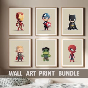 Láminas de superhéroes para habitación infantil: Arte de cómics divertido (juego de 6) (Descarga digital)