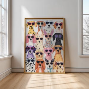 Dogs in sunglasses poster, funny animal print for kids, cute dog nursery decor, pastel dog wall art, children’s room dog print