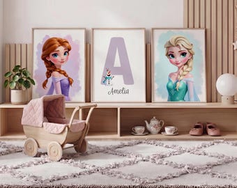 Frozen Nursery Art Set, Elsa Anna Name Print, Custom Girls Room Decor, Digital Poster