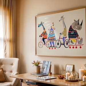 Arte de bicicleta com animais, decoração de parede divertida para quarto infantil. imagem 4