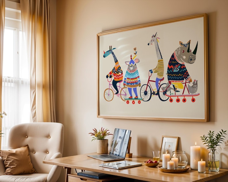 Arte de bicicleta com animais, decoração de parede divertida para quarto infantil. imagem 4