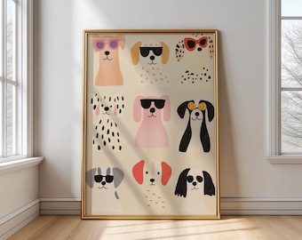 Arte para quarto de bebê com tema de cachorros, pôster de animais com óculos de sol, decoração em tons pastel para quarto infantil (download digital)