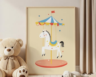 Arte de caballos de carrusel - Lámina infantil con temática de feria, habitación infantil, descarga digital