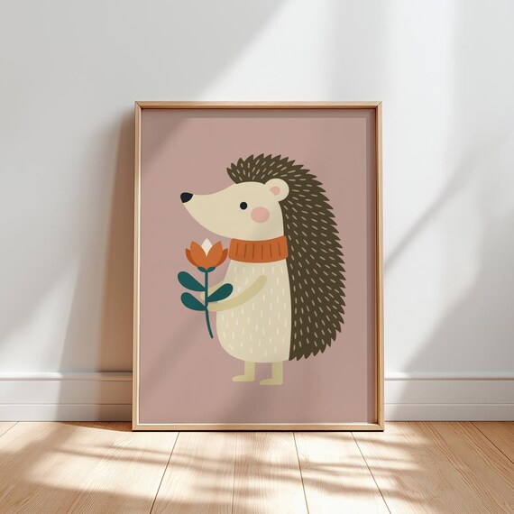 Hedgehog poster, cute woodland nursery print, pink kids wall art, scandi baby decor, minimalist animal illustration