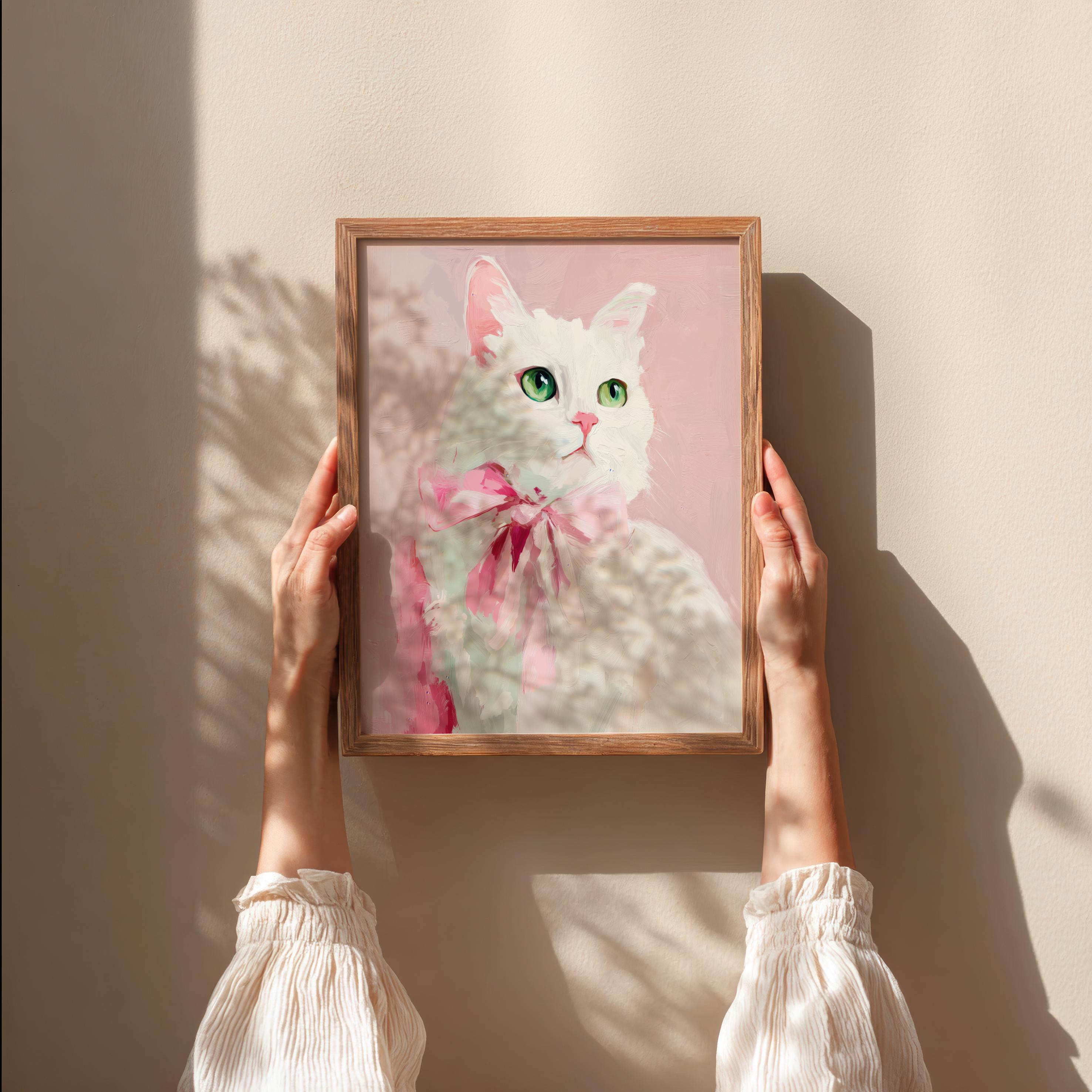 白い猫の絵画：ピンクのリボンをつけた女の子らしい子猫、千年紀記念