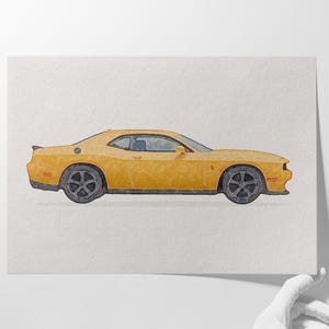 May include: Watercolor painting of a yellow sports car with black wheels. The car is a coupe with a sleek design, and the artwork is on a textured paper. The image is a side profile of the vehicle.