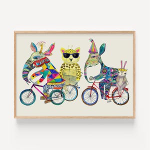 Fahrrad Tiere Illustration Kunstdruck: Lebendiges Kinderzimmer Dekor, Verspielte Illustration Poster