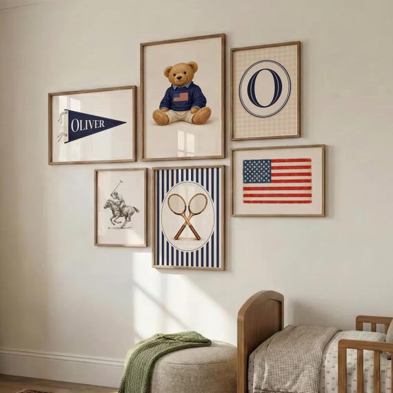Personalized Preppy Nursery Art Set, Teddy Bear Print, Americana Boy Room Decor