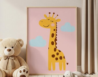 Lámina infantil de jirafa, arte animal de safari en rosa pastel (descarga digital)