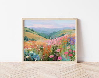 Impression prairie de fleurs sauvages, affiche paysage coloré, décoration murale nature Summer Hills, téléchargement numérique