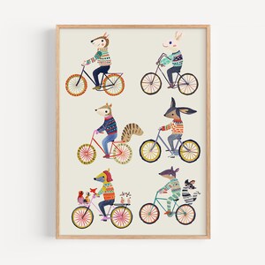 Poster Buntes Tier Fahrrad: Verspielte Kinderzimmer Illustration Druck