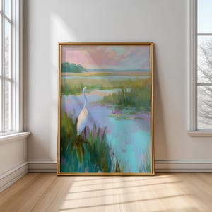 White Heron Wall Art, Egret Bird Painting, Sunset Marsh Printable, Coastal Landscape Digital Download, Pastel Beach House Art, Summer Decor