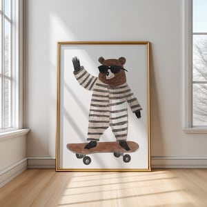 Skateboarding Bär Kinderzimmer Wandkunst, Spielzimmer Poster, geschlechtsneutraler Tierdruck, Kleinkindzimmerdekor, digitaler Download, Kinderkunstwerk