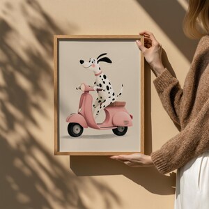 Dalmatian Scooter Print, Dog Wall Art for Kids, Pink Vespa Nursery Poster, Fun Animal Print, Boys or Girls Room Art, Playroom Decor
