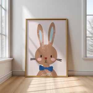 Brown Bunny Printable Wall Art – Cute Boy Rabbit with Blue Bow Tie, Kids Room Animal Poster, Nursery Digital Download