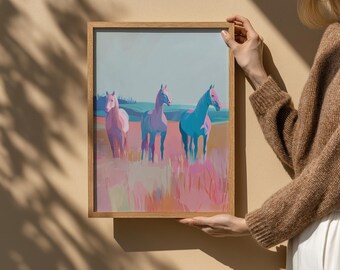 パステルカラーの野生馬のプリント：ボヘミアン風乗馬ウォールアート