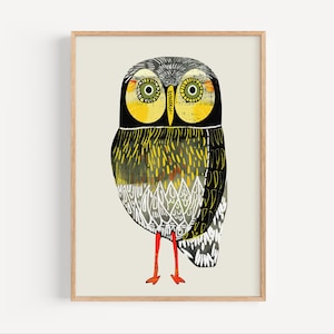 Modern Owl Digital Art Print, Abstract Yellow Black Bird Illustration, Printable Wall Decor for Nursery, Kids Room, Animal Lovers