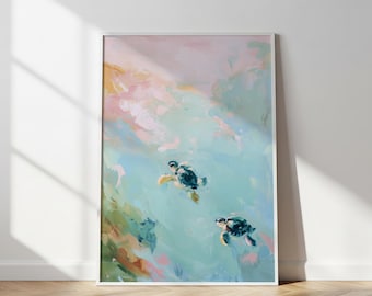 Pintura de tortuga marina, arte infantil costero tropical, descarga digital, impresión