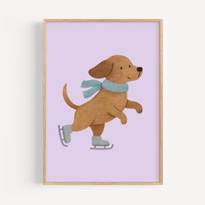 Skating Dog Winter Wall Art, Cute Digital Dog Illustration for Kids Room, Seasonal Nursery Decor Printable Puppy Ice Skating Poster