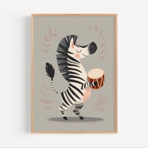 Zebra Drumming Wall Art for Kids, Printable Safari Animal Poster, Digital Jungle Decor for Nursery or Playroom