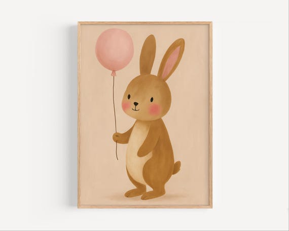Bunny with Balloon Nursery Print: Pastel Animal Wall Art (Digital Download)