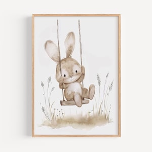 Adorable Bunny Swing Poster: Pastel Kids Room Wall Art, Nursery Decor, Baby Gift, Printable Illustration