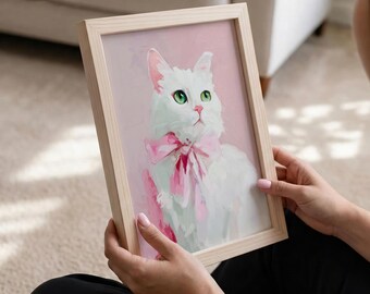 白い猫の油絵、ピンクのリボンをつけた可愛い子猫のアート（デジタル