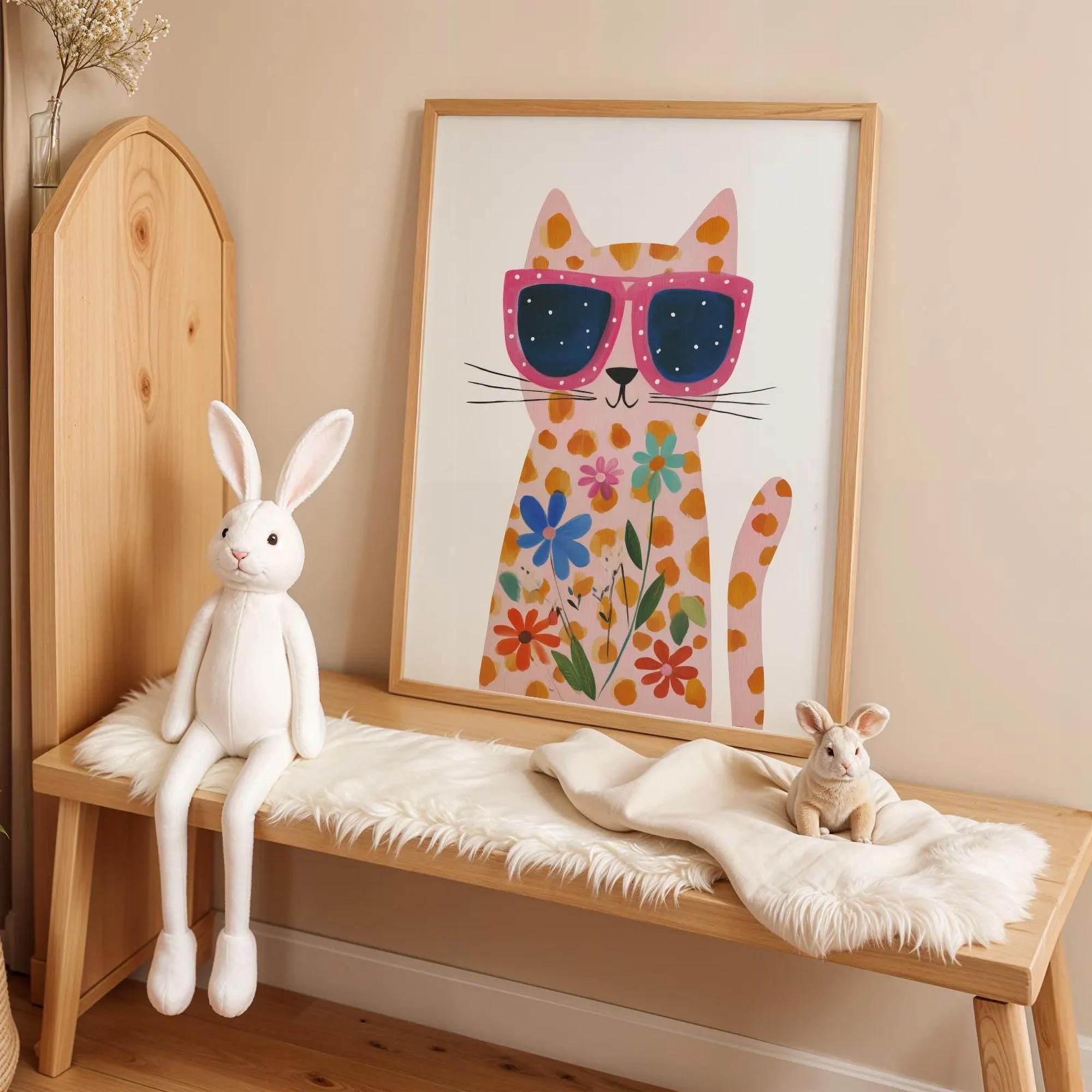 Pink Floral Cat With Sunglasses Nursery Wall Art Kids Room Decor Print ...