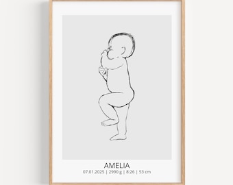 Aangepaste poster geboortestatistieken baby: bloemen kroon meisje lijntekeningen (digitale download)