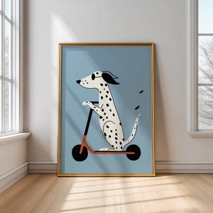 Dalmatian on Scooter Poster – Minimalist Nursery Wall Art – Dog Illustration for Kids Room – Blue Background Print