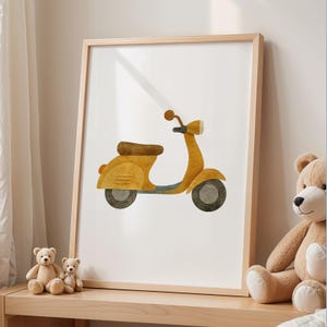 Póster de scooter vintage: arte retro para habitación de niño, impresión infantil en acuarela, decoración de vehículos para guardería, arte estilo Vespa amarilla - Descarga digital