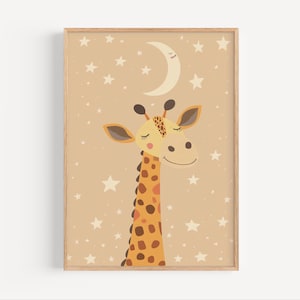 Giraffe and Moon Digital Poster – Cute Jungle Animal Wall Art for Baby Nursery, Beige Stars Printable, Kids Room Decor