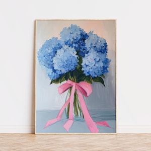 Blue Hydrangea Floral Painting, Pink Bow Flower Wall Art, Colorful Bouquet Print, Grandmillennial Decor, Girly Trendy Printable Download