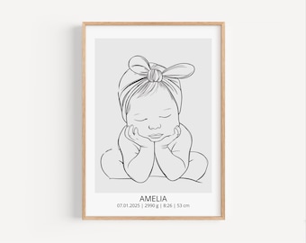 May include: A framed black and white line art print of a baby with a bow headband, resting their chin on their hands. The print includes the name "AMELIA" and birth details: 07.01.2025, 2990 g, 8:26, and 53 cm.