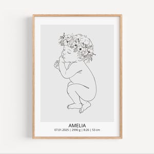 Individuelles Baby Geburtsposter - Blumenkrone Line Art, Neugeborene Mädchen Druck, personalisierte Baby Stats Wandkunst, digitales Kinderzimmer Download