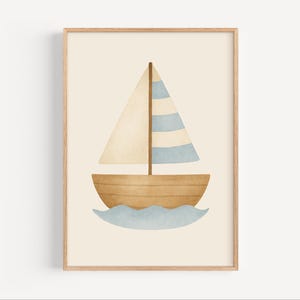 Sailboat Nursery Poster – Nautical Wall Art for Boys Room or Coastal Baby Decor | Blue Beige Boat Print - Digital Download Wall Art