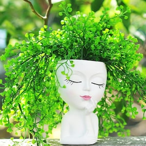 Girl Face Head Planter | Cute Succulent Finger On Lips Lady Planter Flower Pot With Drainage Holes