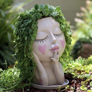 Girl Face Head Planter | Cute Succulent Finger On Lips Lady Planter Flower Pot With Drainage Holes