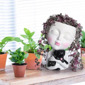 Girl Face Head Planter | Cute Succulent Planter Flower Pot With Drainage Holes & Holding Dog