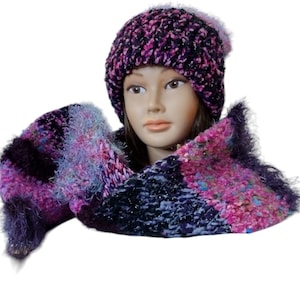 Boho Slouchy Hat Scarf Wrap Handmade Crochet Knit Multi-fiber Set