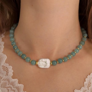 Blue Jade & Baroque Pearl Necklace: Aquamarine Beaded Choker