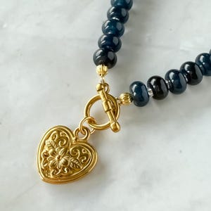 Navy Blue Beaded Heart Necklace – Vintage Gold Pendant, Blue Quartz Gemstone Beads, Antique Heart Charm, Beaded Charm Pendant Necklace
