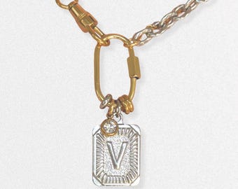 Mixed Metal Initial Necklace – Two-Tone Stainless Steel Chain with Carabiner, CZ Crystal & Letter Pendant